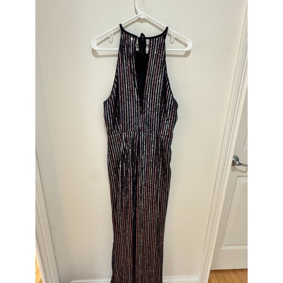 Maeve By Anthropologie Black Multi-Color Sequin Striped Halter Jumpsuit Size 12P - Picture 3 of 10